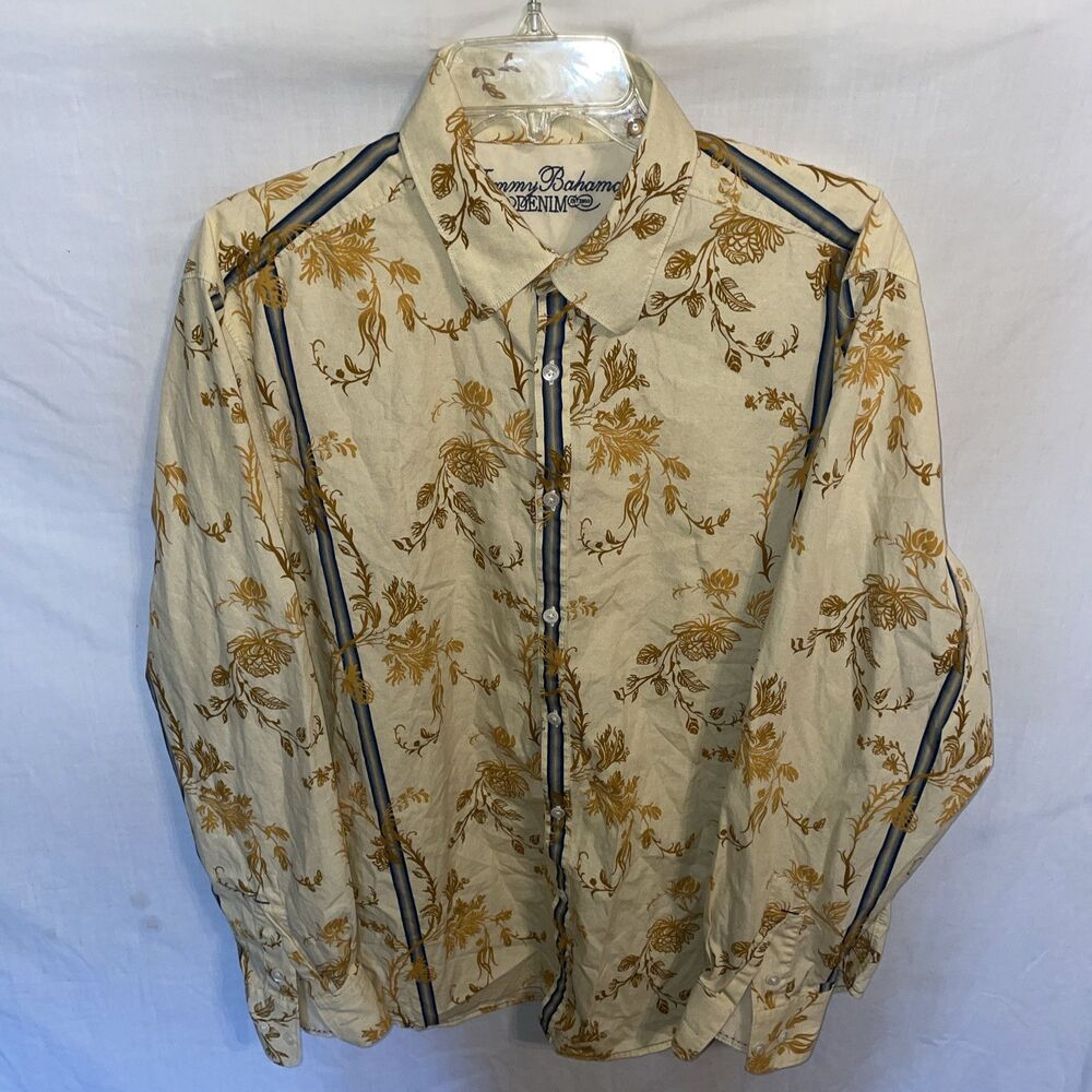Tommy Bahama Denim Men’s Dress Shirt Sz Large Beige Floral Going Out Beach Party